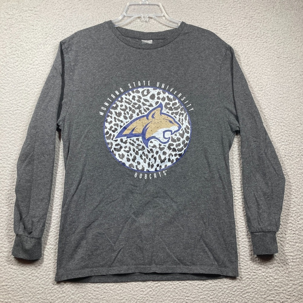 Montana State University Bobcats T Shirt Adult Small dark Gray Long Sleeve STAIN